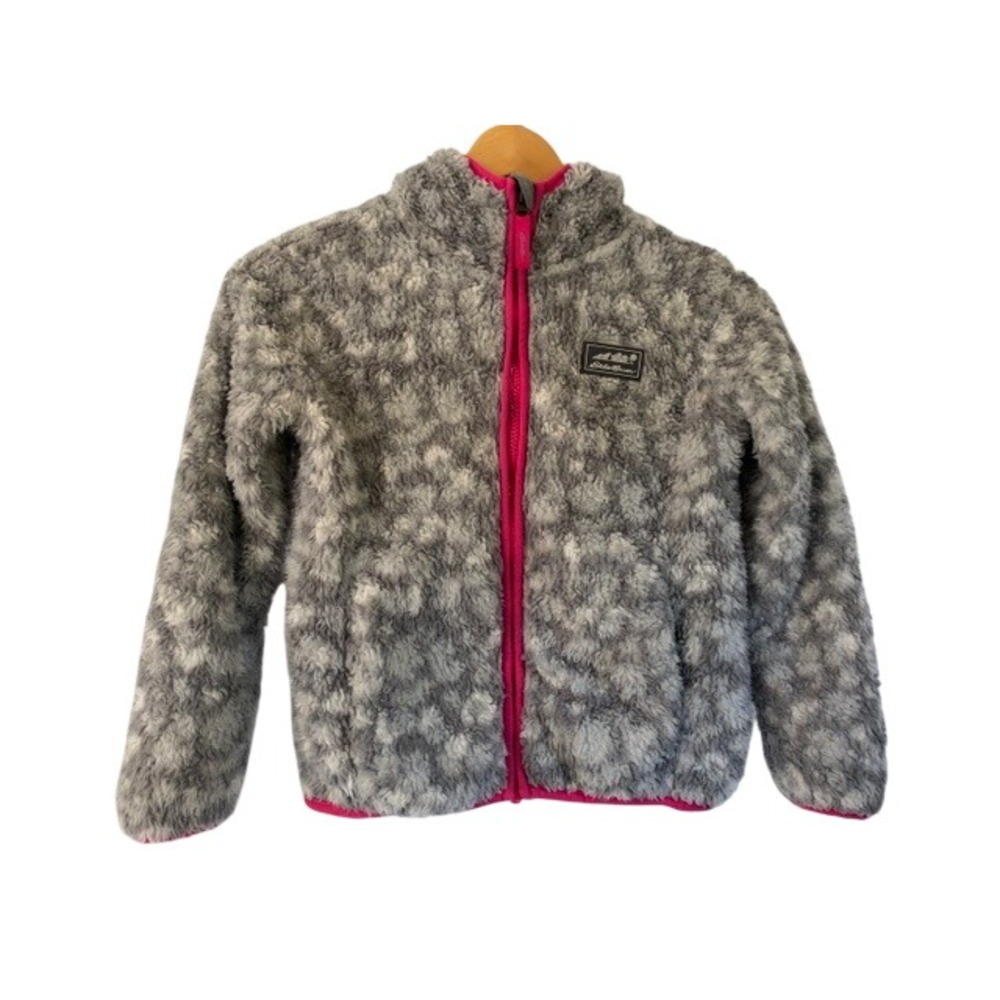 Eddie Bauer Girls Gray Pink Spotted Fleece Hooded Jacket EU32OW553 Size M 10/12